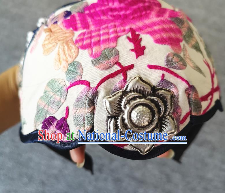 Handmade China Embroidered White Cloth Hat Traditional National Headwear Hair Accessories Miao Ethnic Women Cap