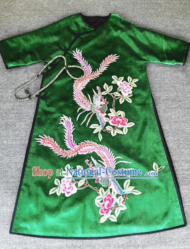 Chinese Traditional Women National Clothing Embroidered Green Corduroy Qipao Dress Embroidery Phoenix Peony Cheongsam