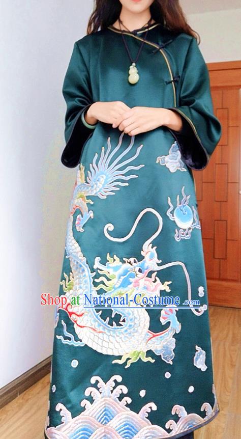 Chinese Embroidered Deep Green Silk Qipao Dress Traditional Women National Cheongsam Clothing