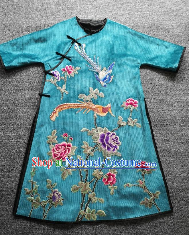 Chinese Embroidered Blue Corduroy Qipao Dress Traditional Women Clothing National Cheongsam