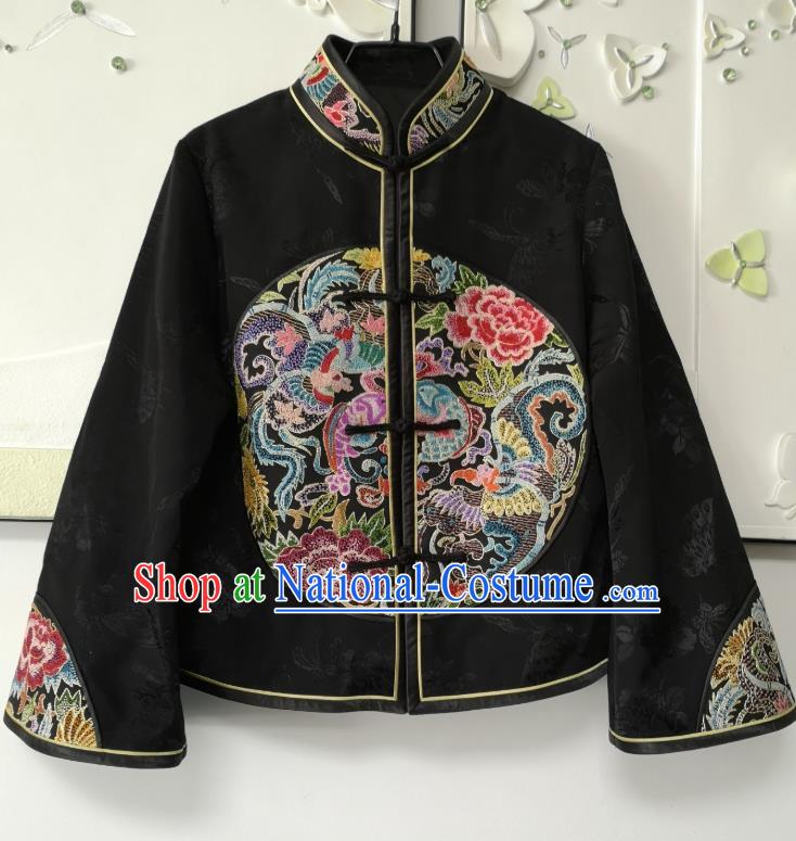 China Tang Suit Black Silk Jacket National Short Coat Traditional Embroidered Costume