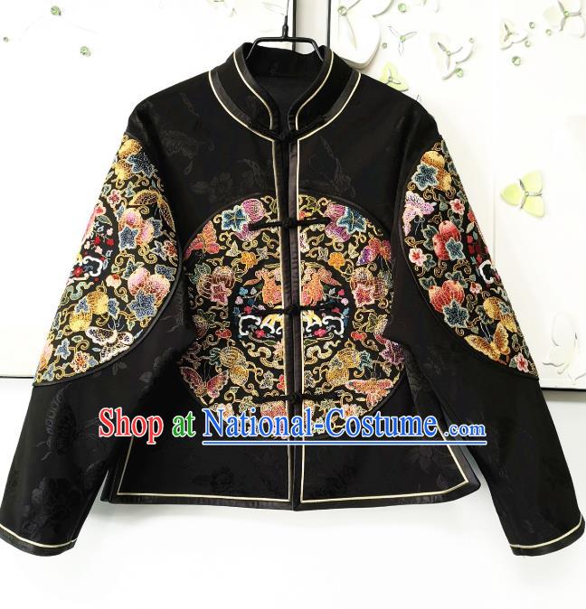 China National Women Short Coat Traditional Embroidered Costume Tang Suit Black Silk Jacket