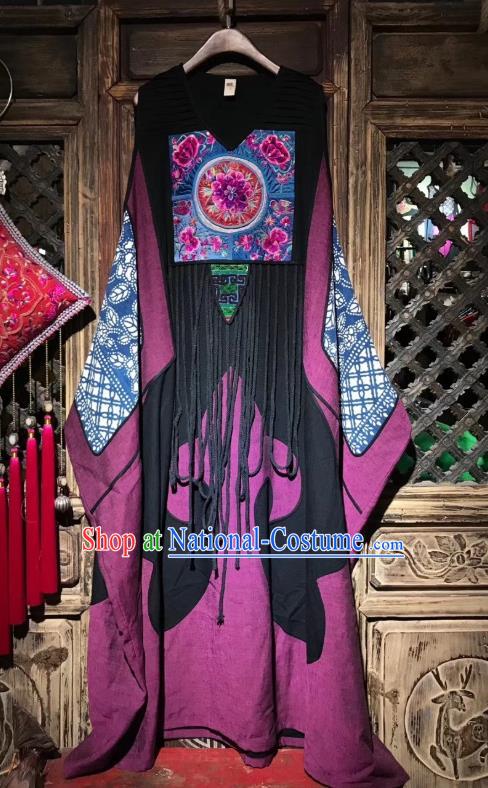 Chinese Traditional Minority Women Embroidery Purple Flax Robe National Clothing Embroidered Dress