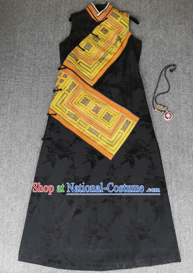 Chinese Embroidered Black Silk Qipao Dress Traditional Women Clothing National Sleeveless Cheongsam