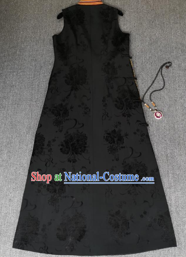 Chinese Embroidered Black Silk Qipao Dress Traditional Women Clothing National Sleeveless Cheongsam