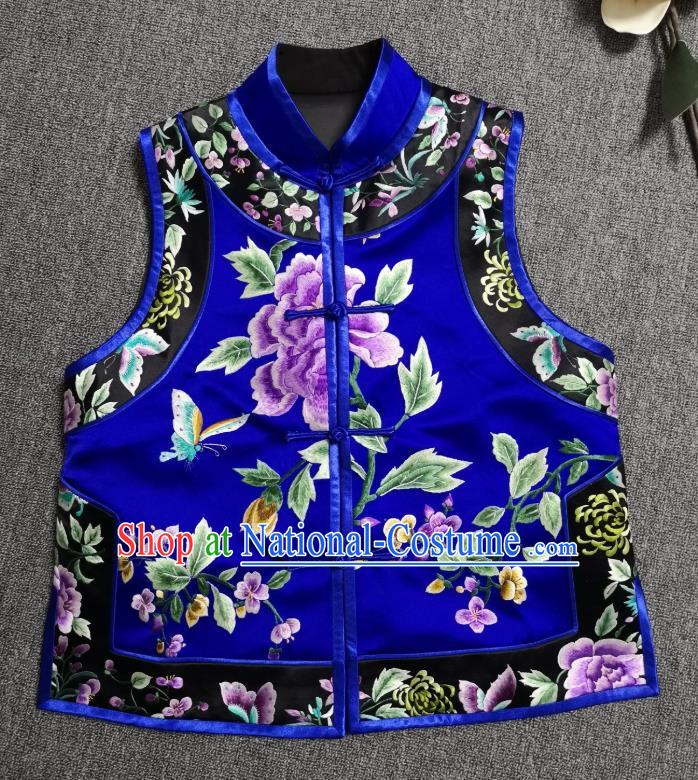 China National Embroidered Royalblue Silk Vest Traditional Tang Suit Upper Outer Garment Women Waistcoat