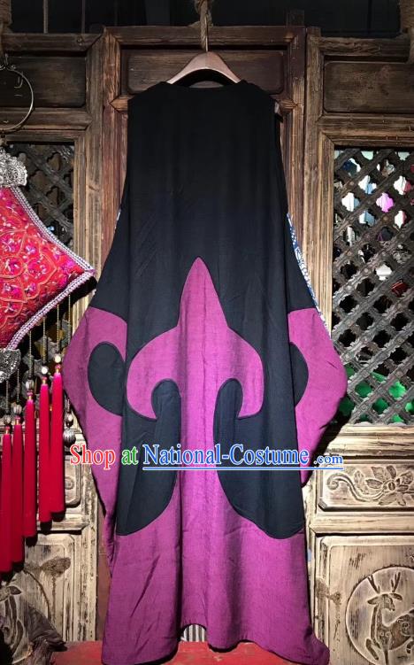 Chinese Traditional Minority Women Embroidery Purple Flax Robe National Clothing Embroidered Dress