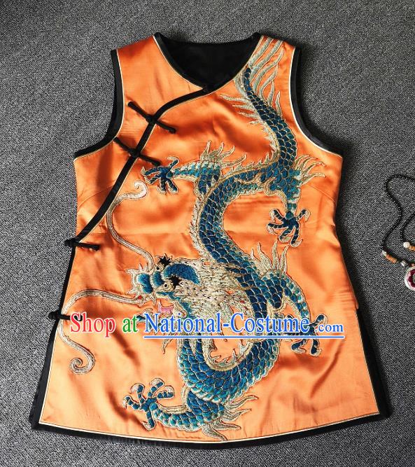 China Traditional Tang Suit Upper Outer Garment Women Waistcoat National Embroidered Dragon Orange Silk Vest