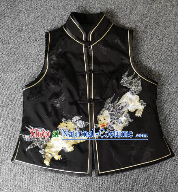 China Women Waistcoat National Embroidered Lion Black Silk Vest Traditional Tang Suit Upper Outer Garment