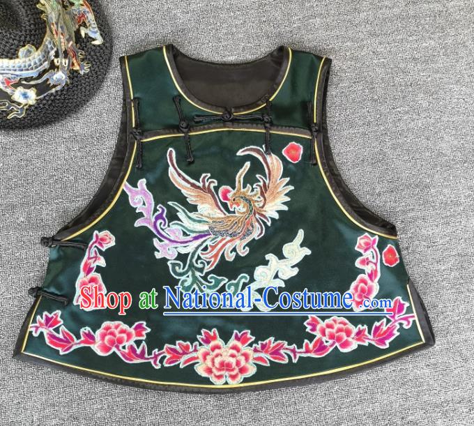 China Tang Suit Embroidered Phoenix Dark Green Silk Vest Traditional Women Waistcoat Upper Outer Garment