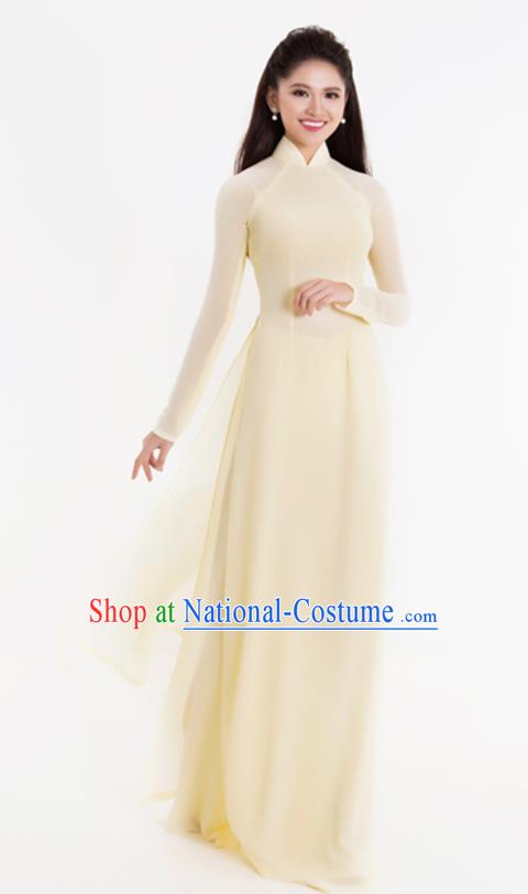 Asian Vietnam Classical Beige Ao Dai Qipao Traditional Vietnamese Costumes Cheongsam Dress and Pants for Women