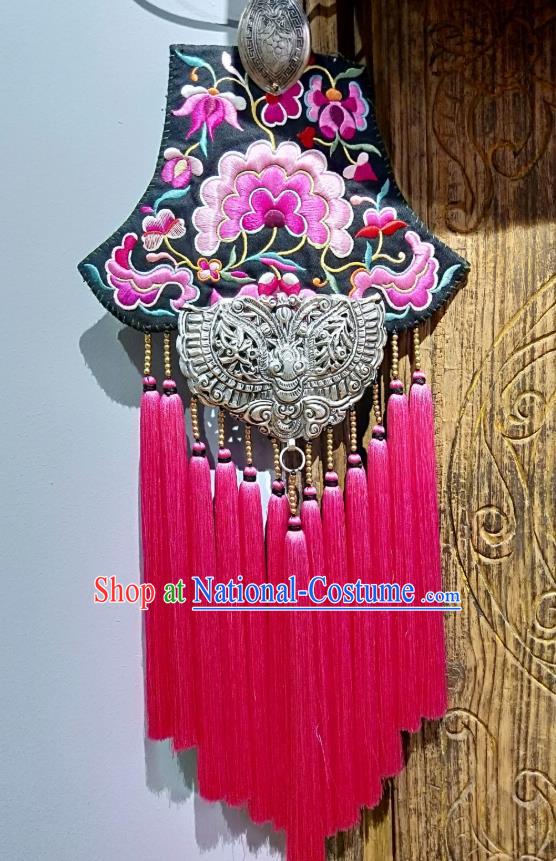 Handmade China National Silver Carving Butterfly Rosy Tassel Accessories Traditional Embroidered Necklace Pendant