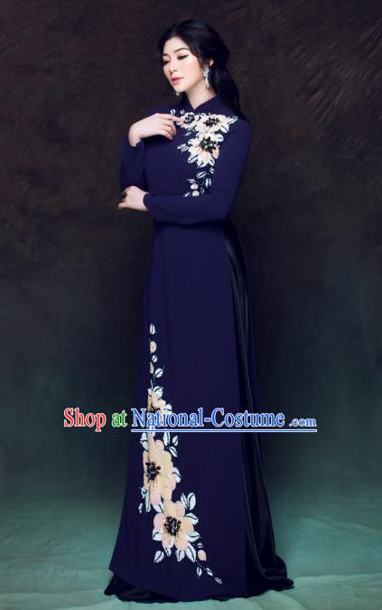 Asian Vietnam Classical Peony Pattern Ao Dai Qipao Traditional Vietnamese Cheongsam Costumes Navy Dress and Loose Pants for Women