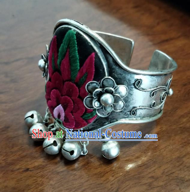 China Traditional Miao Ethnic Bracelet National Silver Bell Tassel Accessories Handmade Embroidered Bangle