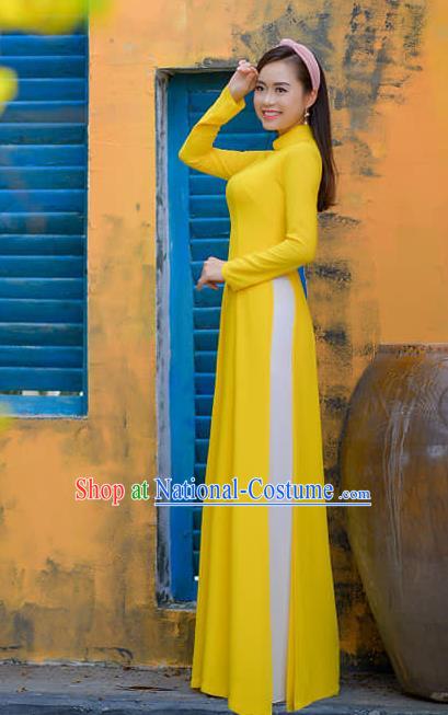 Asian Vietnam Classical Yellow Ao Dai Qipao Traditional Vietnamese Costumes Cheongsam Dress and Pants for Women