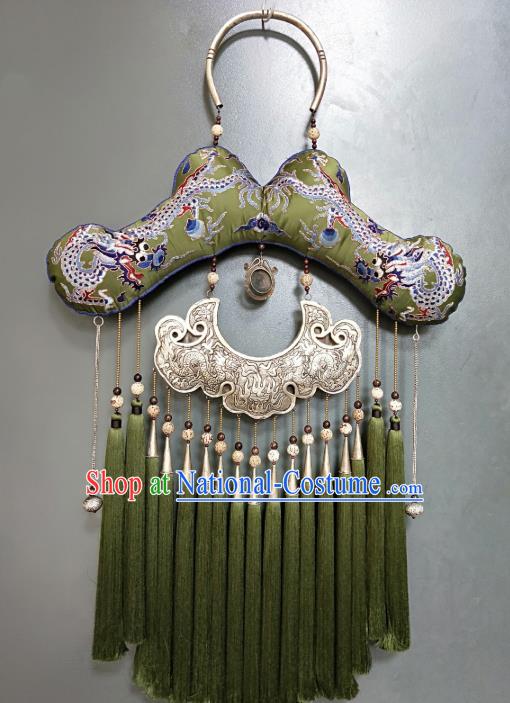 China Traditional Miao Ethnic Embroidered Pendant Accessories Handmade Silver Carving Dragons Jewelry National Green Tassel Necklet