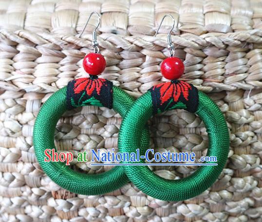 Handmade China Ethnic Green Waxed Thread Earrings Traditional Miao Nationality Ear Accessories