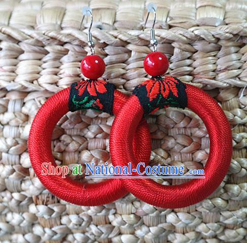 Handmade China Traditional Miao Nationality Ear Accessories Ethnic Red Waxed Thread Earrings