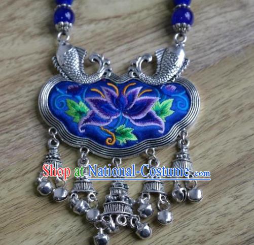 Handmade China National Silver Longevity Lock Ethnic Jewelry Accessories Embroidered Lotus Royalblue Silk Necklace