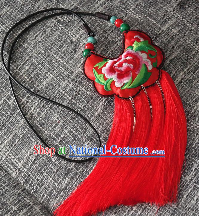 Handmade China National Red Tassel Longevity Lock Ethnic Accessories Embroidered Peony Necklace