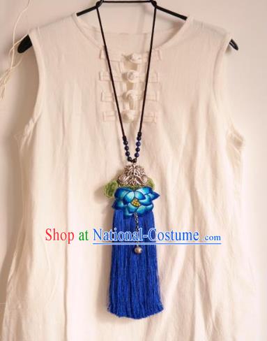 Handmade China Ethnic Royalblue Tassel Accessories Embroidered Lotus Necklace National Silver Butterfly Longevity Lock