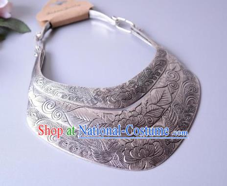 China Miao Ethnic Wedding Jewelry Handmade Silver Carving Peony Necklace Folk Dance Accessories