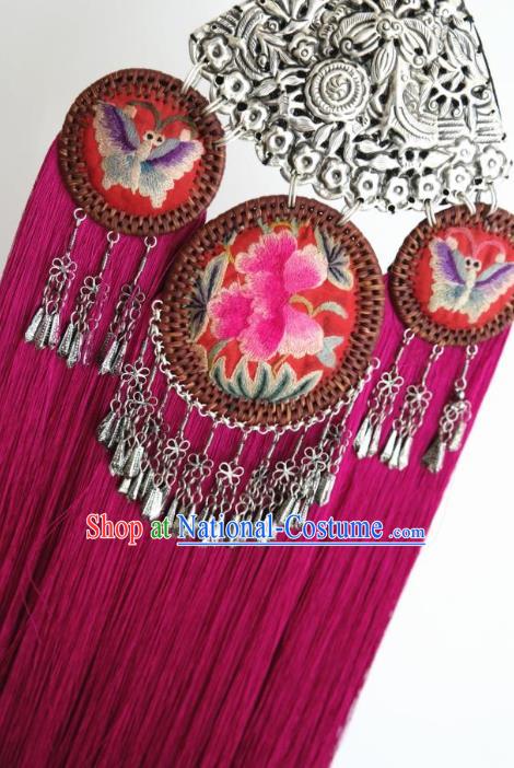 Traditional China Miao Nationality Embroidered Accessories Handmade Ethnic Silver Jewelry Rosy Tassel Necklace