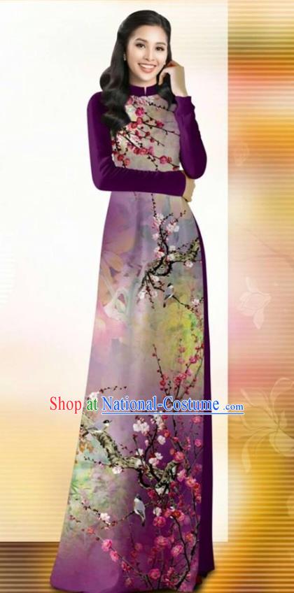 Asian Vietnam Classical Plum Blossom Pattern Ao Dai Qipao Traditional Vietnamese Costumes Purple Cheongsam Dress and Pants for Women