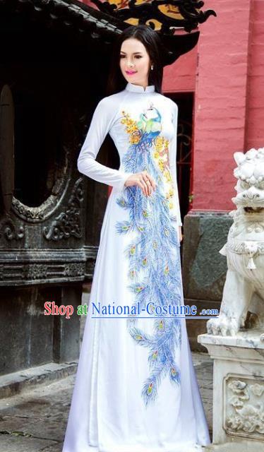 Asian Vietnam Classical Peacock Pattern Ao Dai Qipao Traditional Vietnamese Cheongsam Costumes White Dress and Loose Pants for Women