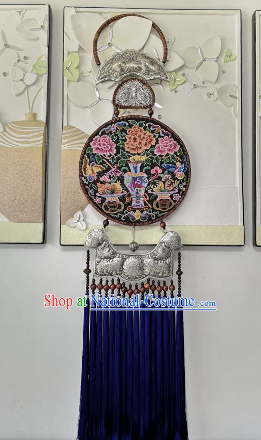 China National Embroidered Craft Accessories Miao Ethnic Silver Carving Royalblue Tassel Pendant