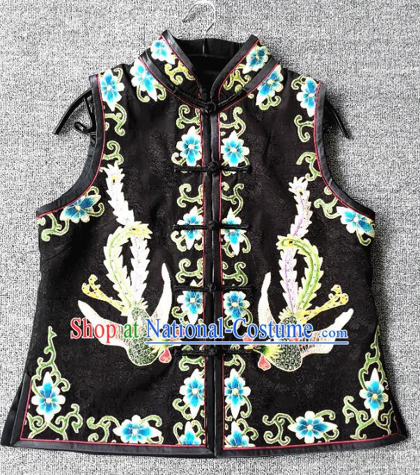 China National Black Silk Vest Women Embroidered Waistcoat Traditional Tang Suit Upper Outer Garment