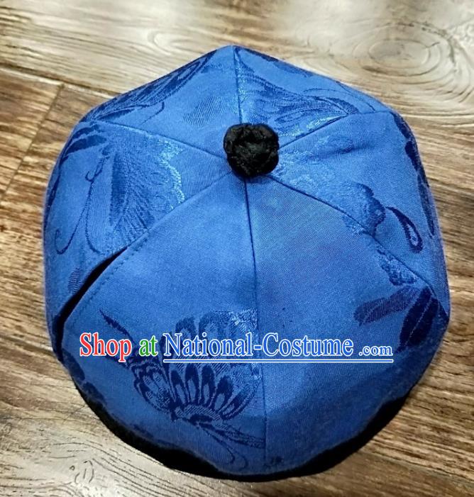 China Women Classical Butterfly Pattern Blue Silk Cap National Hair Accessories Skullcap