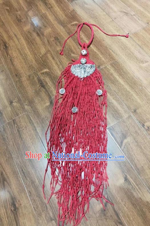 China Handmade Ethnic Women Silver Carving Butterfly Necklace National Red Tassel Braid Accessories