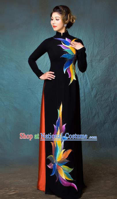 Asian Vietnam Classical Fireworks Pattern Ao Dai Qipao Traditional Vietnamese Costumes Black Cheongsam Dress and Loose Pants for Women