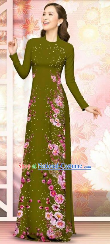 Asian Vietnam Olive Green Cheongsam Dress and Pants Traditional Vietnamese Costumes Classical Plum Blossom Pattern Ao Dai Qipao for Women