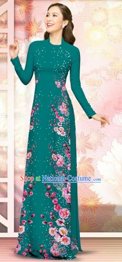 Asian Vietnam Green Cheongsam Dress and Pants Traditional Vietnamese Costumes Classical Plum Blossom Pattern Ao Dai Qipao for Women