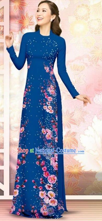 Asian Vietnam Navy Blue Cheongsam Dress and Pants Traditional Vietnamese Costumes Classical Plum Blossom Pattern Ao Dai Qipao for Women