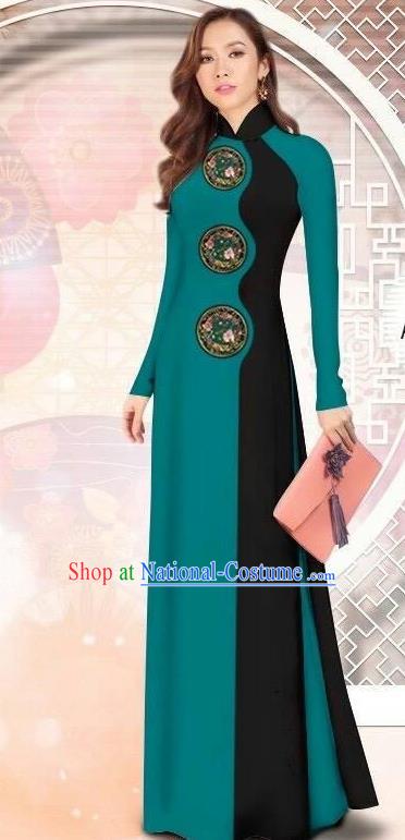 Asian Vietnam Printing Peacock Blue Cheongsam Dress and Pants Traditional Vietnamese Costumes Classical Ao Dai Qipao for Women