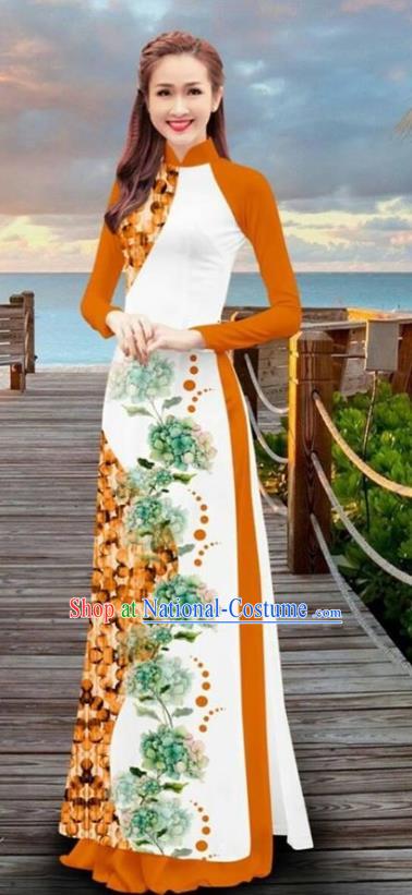 Asian Vietnam Printing Flowers Cheongsam Dress and Pants Traditional Vietnamese Costumes Classical Orange Ao Dai Qipao for Women