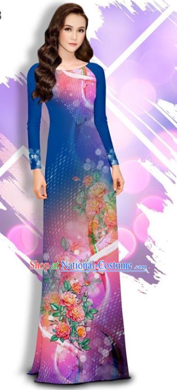 Asian Vietnam Printing Peony Cheongsam and Pants Traditional Vietnamese Female Costumes Classical Deep Blue Ao Dai Qipao Dress