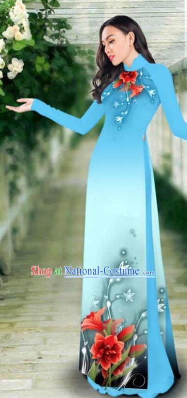 Asian Vietnam Classical Cheongsam Traditional Vietnamese Costumes Women Printing Blue Ao Dai Qipao Dress and Pants