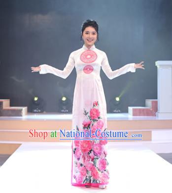 Asian Vietnam Printing Rose Flowers Cheongsam Costumes Traditional Vietnamese Classical White Ao Dai Qipao Dress and Loose Pants