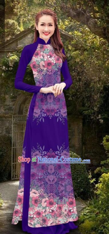 Asian Vietnam Women Cheongsam Costumes Traditional Vietnamese Classical Printing Flowers Purple Ao Dai Qipao Dress and Loose Pants