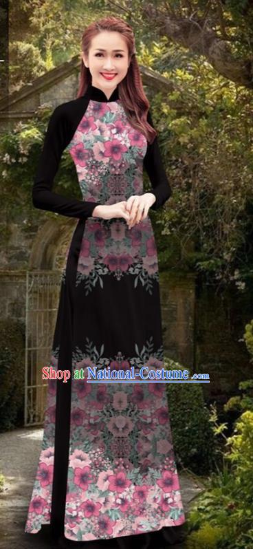 Asian Vietnam Women Cheongsam Costumes Traditional Vietnamese Classical Printing Flowers Black Ao Dai Qipao Dress and Loose Pants