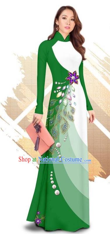 Traditional Vietnamese Classical Green Ao Dai Qipao Dress and Loose Pants Asian Vietnam Women Cheongsam Costumes