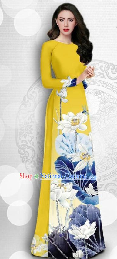 Asian Vietnam Court Female Classical Cheongsam Traditional Vietnamese Costumes Printing Lotus Yellow Ao Dai Qipao Dress and Loose Pants