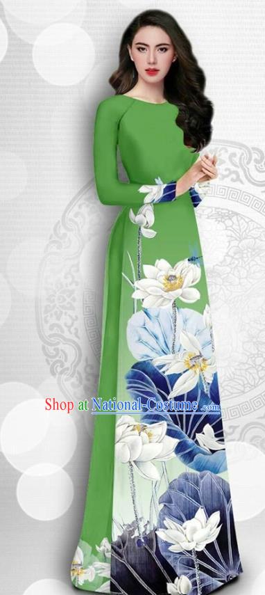 Asian Vietnam Court Female Classical Cheongsam Traditional Vietnamese Costumes Printing Lotus Green Ao Dai Qipao Dress and Loose Pants