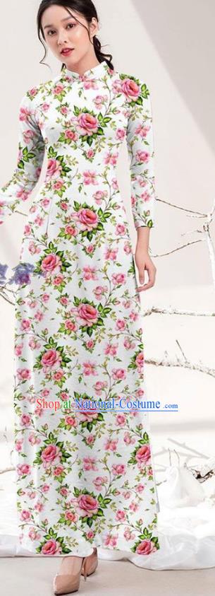 Traditional Vietnamese Printing Rose White Ao Dai Qipao Dress and Pants Asian Vietnam Stage Show Cheongsam Costumes