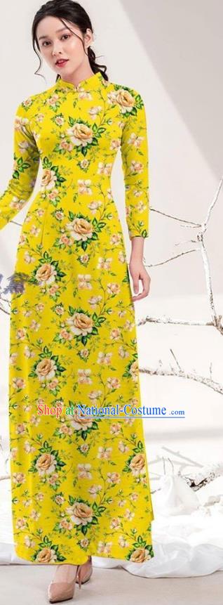 Traditional Vietnamese Printing Rose Yellow Ao Dai Qipao Dress and Pants Asian Vietnam Stage Show Cheongsam Costumes