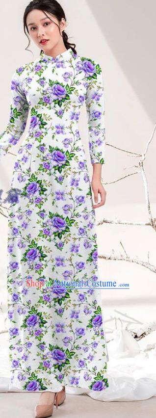 Traditional Vietnamese Printing Purple Rose Ao Dai Qipao Dress and Pants Asian Vietnam Stage Show Cheongsam Costumes